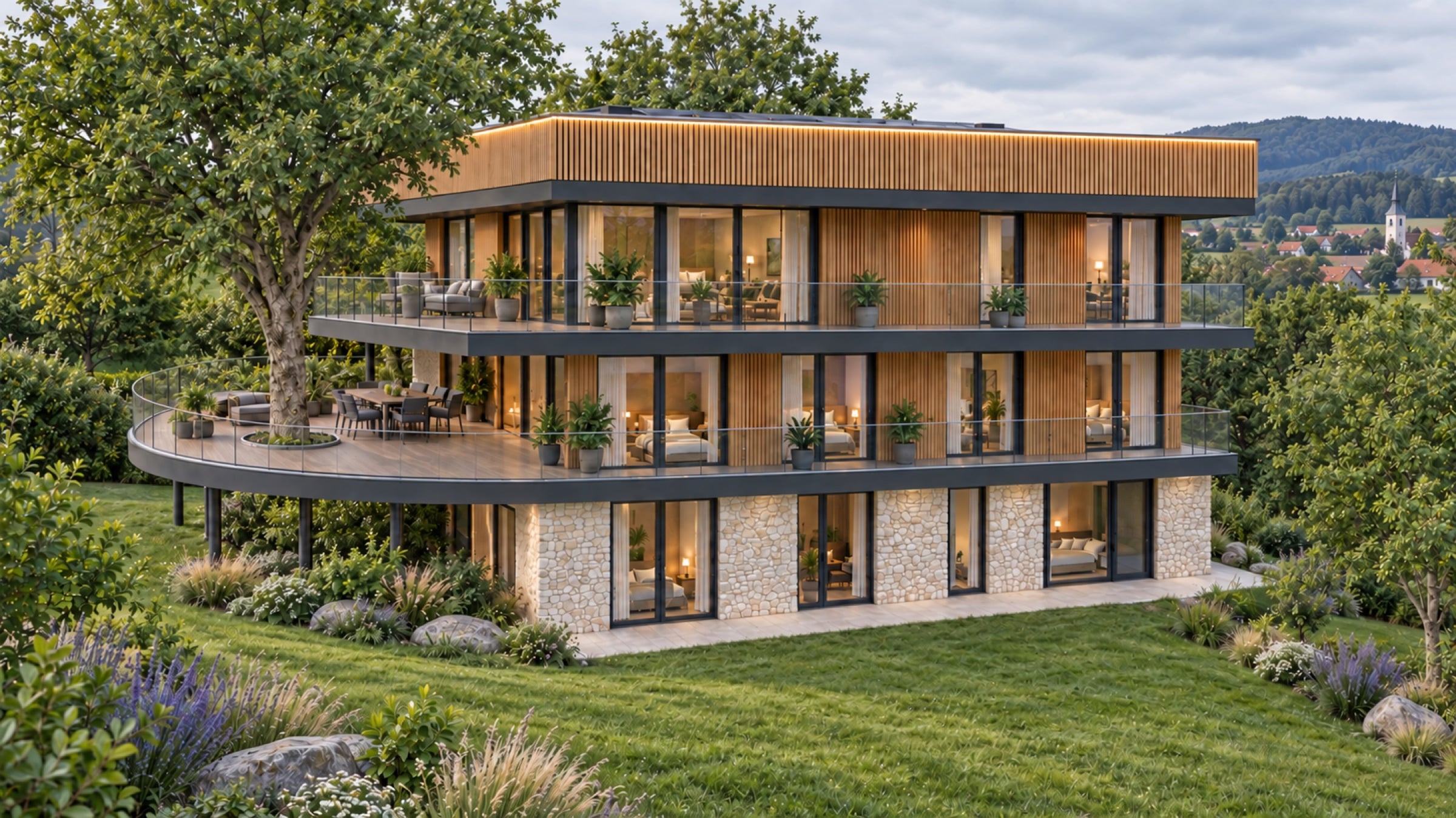 Villa 174/15 south elevation by day, three storeys above the sloping lawn