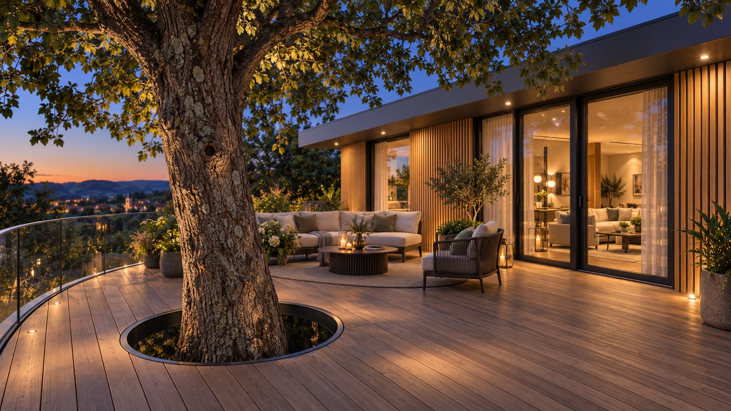 The curved deck at dusk with the protected oak through its centre