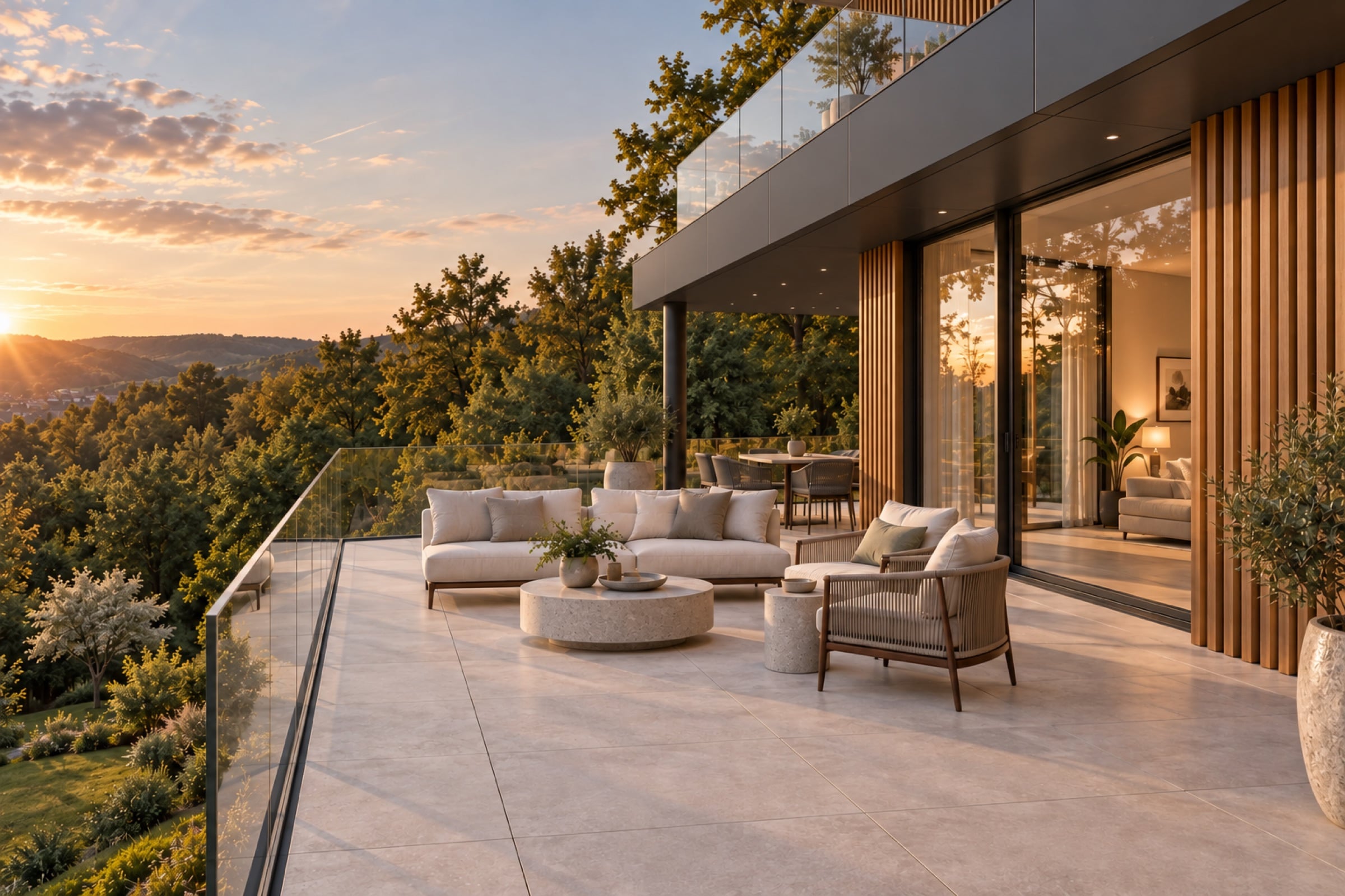 Upper terrace of Villa 174/15 at sunset overlooking the valley