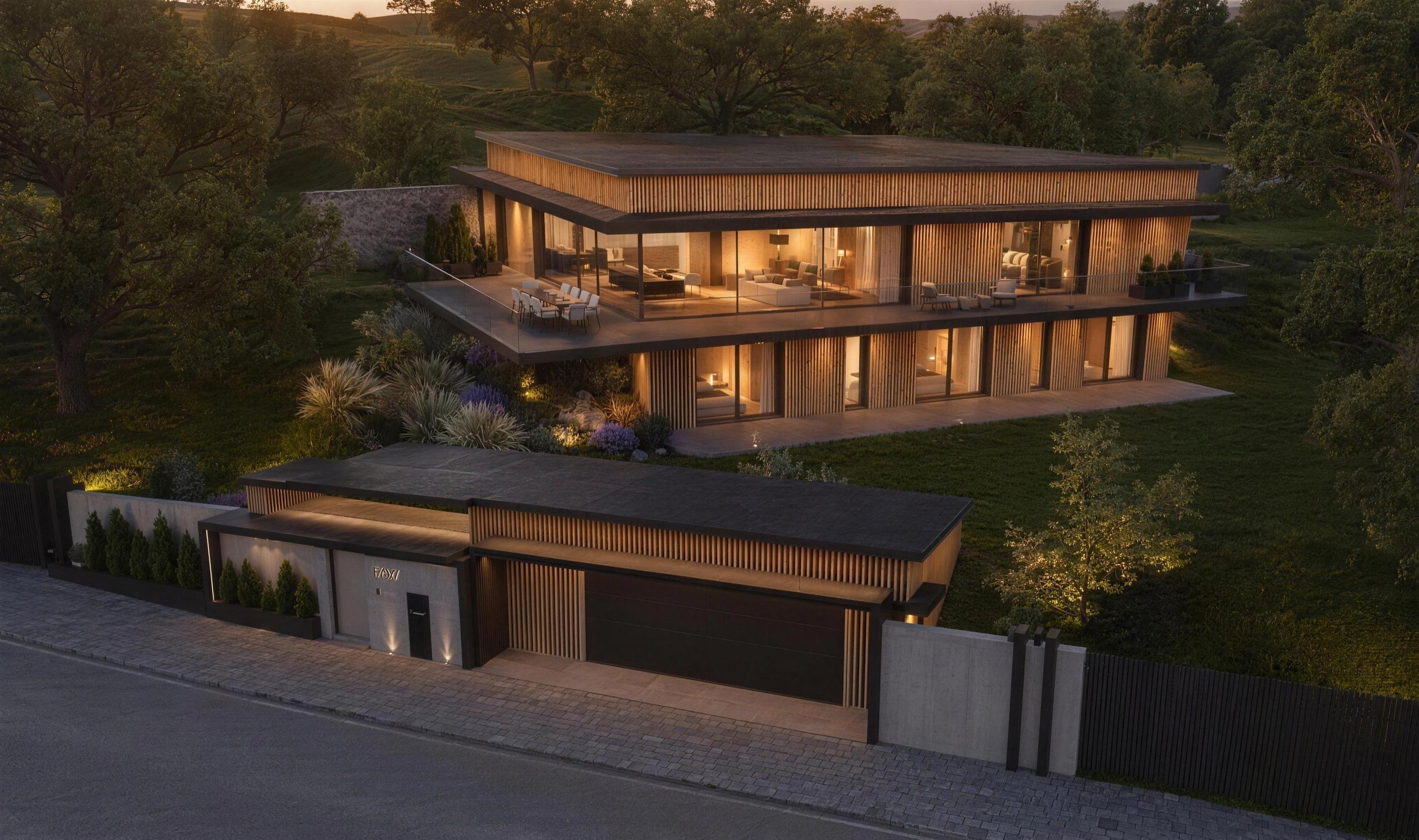 Aerial view of the villa at dusk