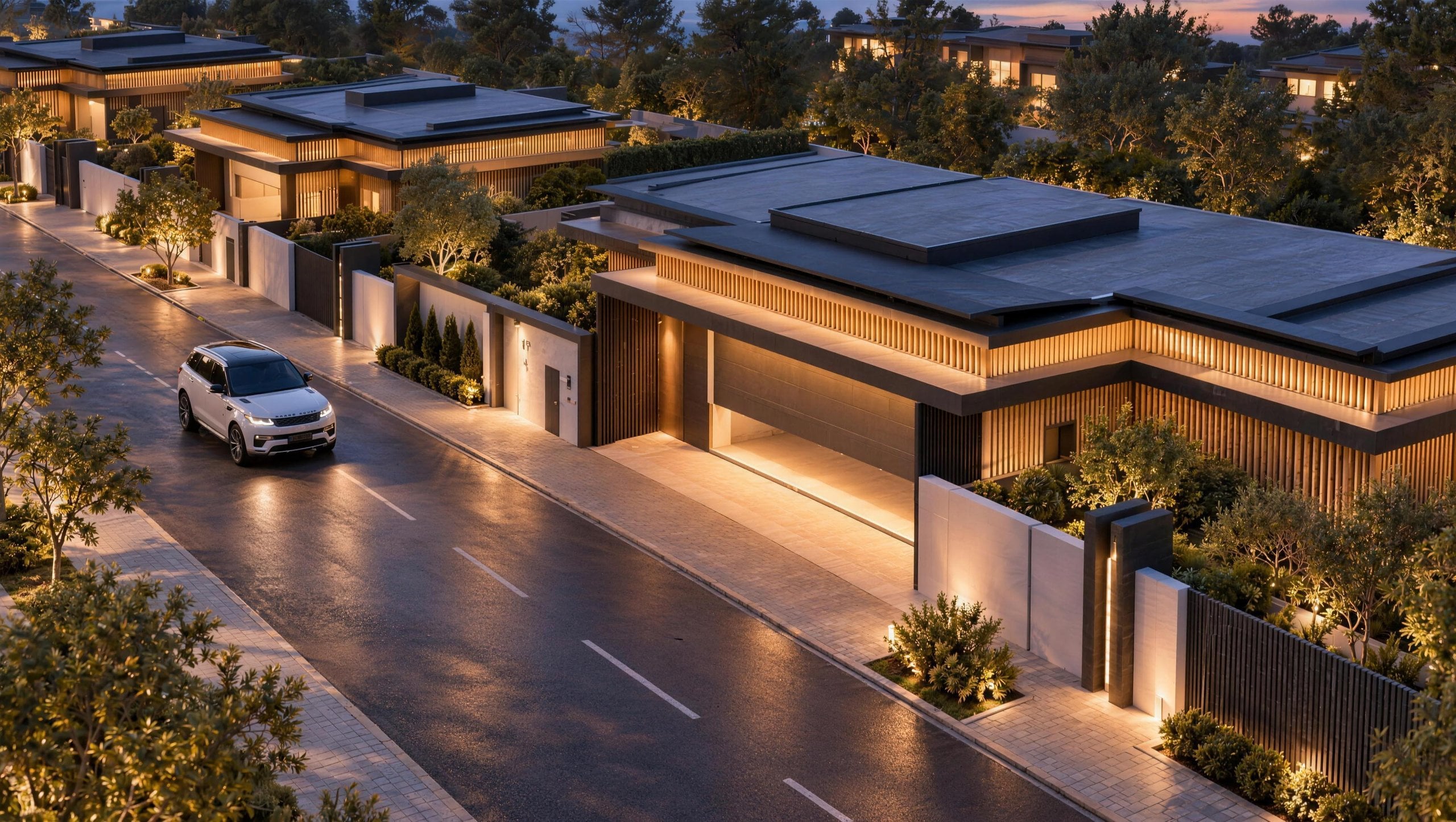 The private street of Dubova Villas at dusk — gated entrances, garages and landscape lighting